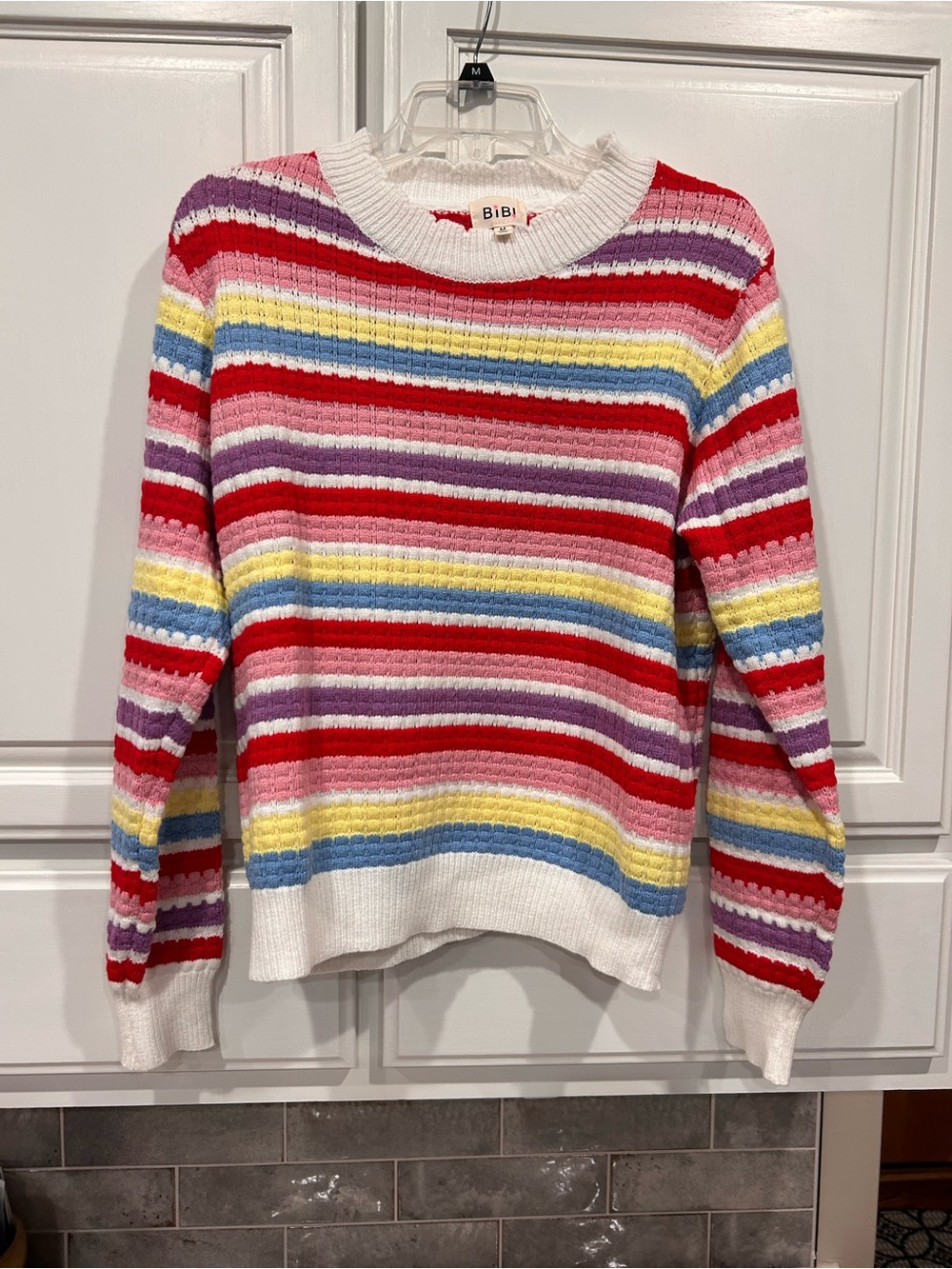BiBi Multicolor Striped Crewneck Sweater with White Trim. Worn once